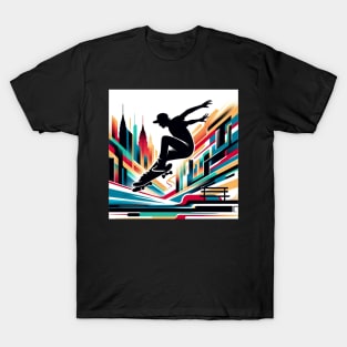 Street Leap: Silhouette Skate Against the Skyline T-Shirt